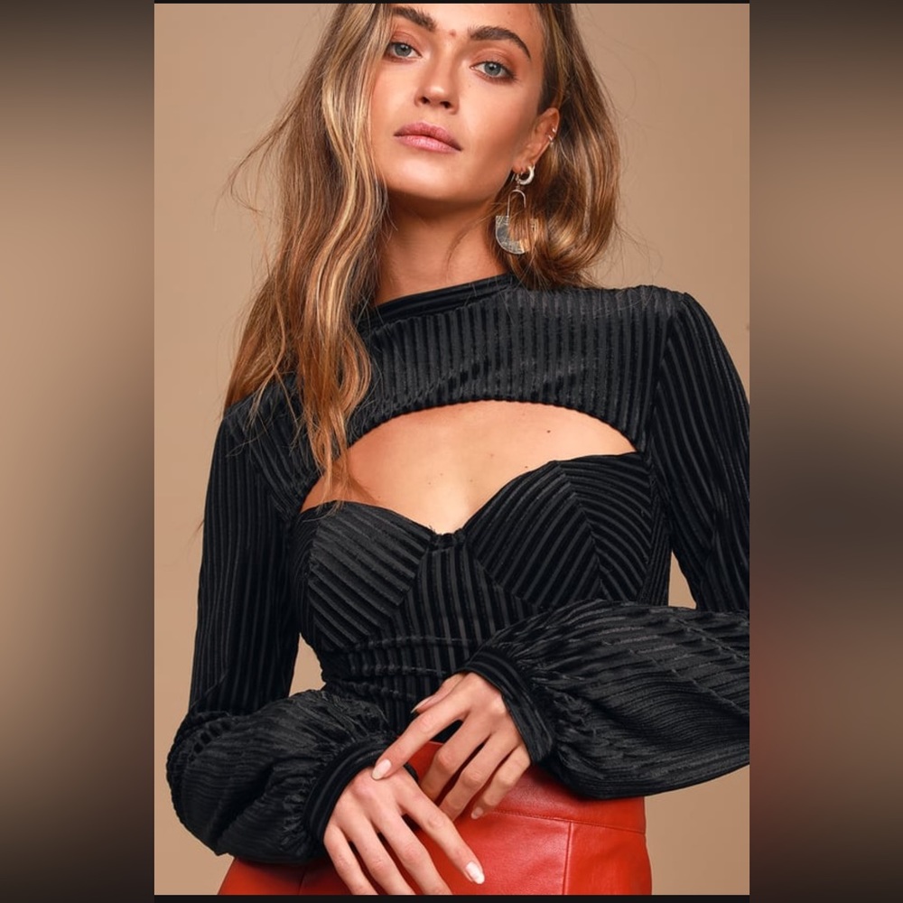 Lulu’s Black Striped Velvet Cutout Bustier Bodysuit - Size S, NWOT